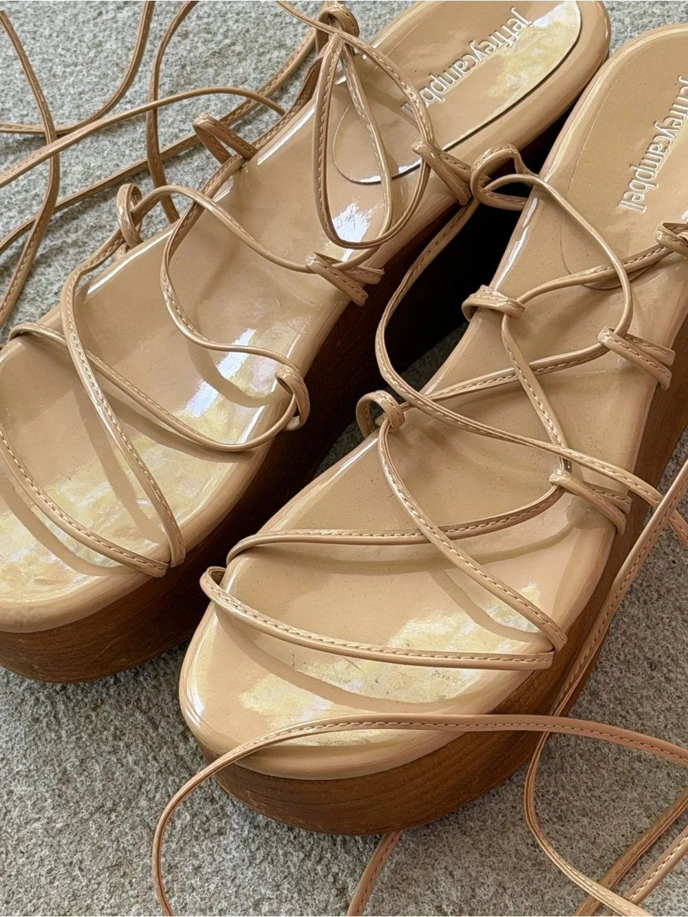 RARE Jeffrey Campbell Nude Patent Lace-Up Platform Wood Block Wedges